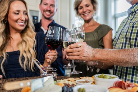 A group of people raise a toast of wine at an event in Lake Leelanau, MI