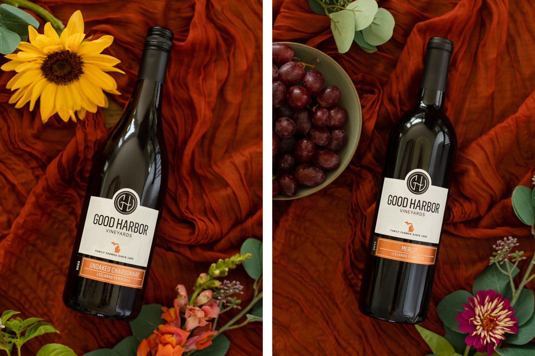 Collaged image of Unoaked Chardonnay & Merlot wine from Good Harbor Vineyards in Leelanau, MI